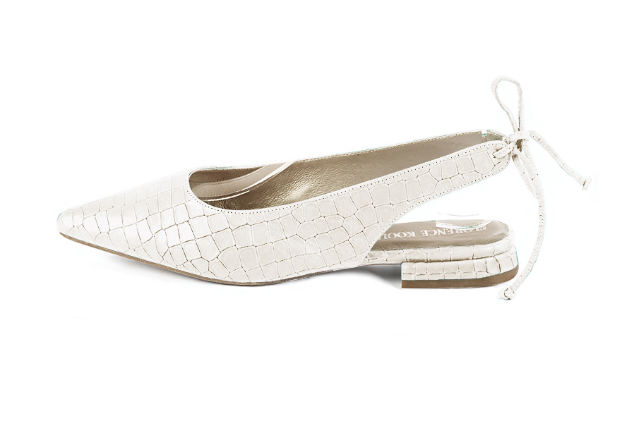 Women's off white elegant slingback heels. Pointed toe. Flat flare heels - Profile view